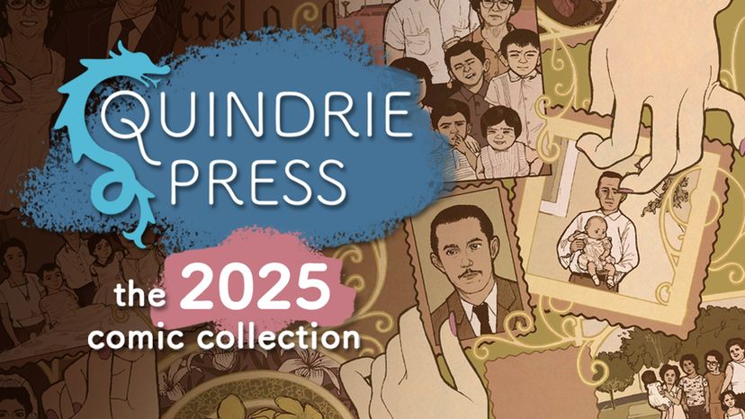 Text overlaid on a drawn collage of family photos. Text reads "Quindrie press, the 2025 comic collection."