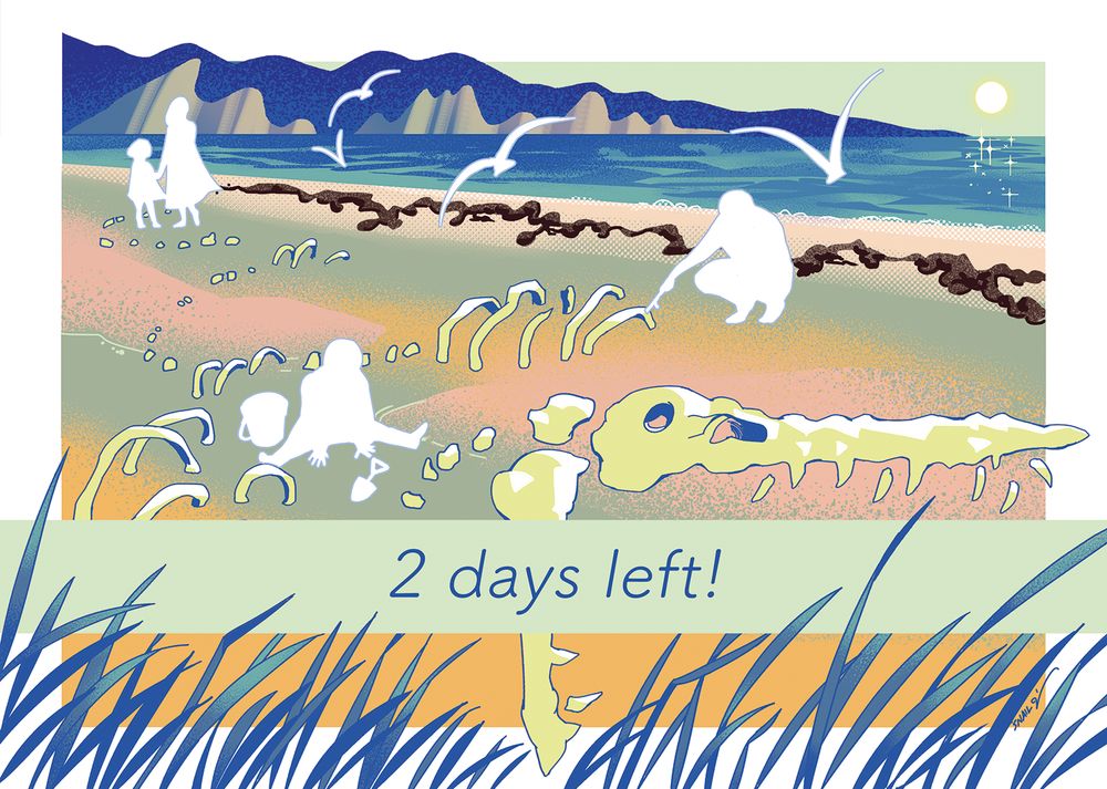White silhouettes of people on a beach, milling around the sunbleached remains of a giant sea serpent. Text reads: 2 days left!