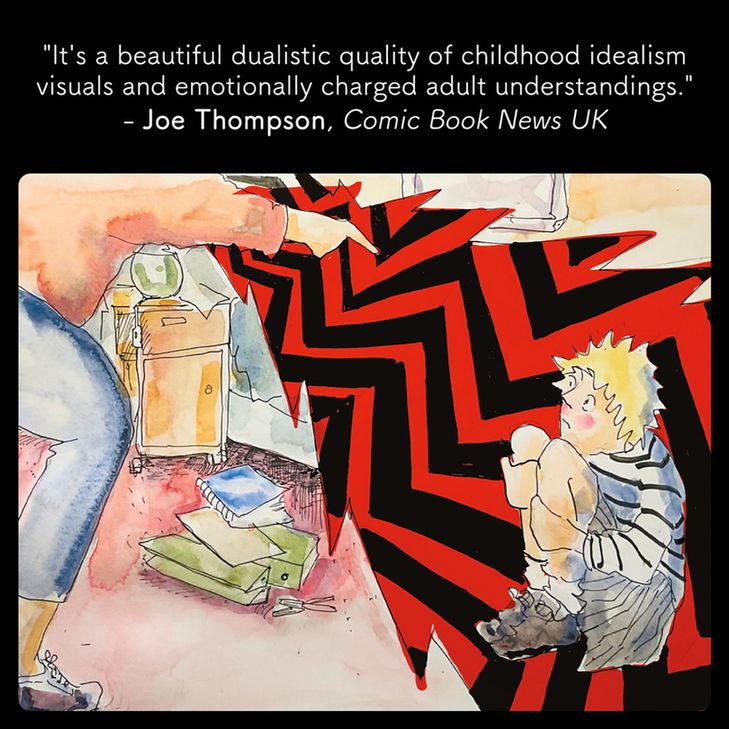 A panel of a young girl crouched on the floor, looking up in fear at her mother, who is shouting at her. Text reads "It's a beautiful dualistic quality of childhood idealism visuals and emotionally charged adult understandings. Joe Thompson, Comic Book News UK."