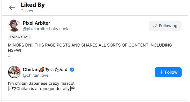 A screenshot showing the current likes on this post. It shows PixelArbiter (pixelarbiter.bsky.social) and Chiitan, a Japanese mascot and internet micro celebrity. Chittan, for some reason, has liked this post.
