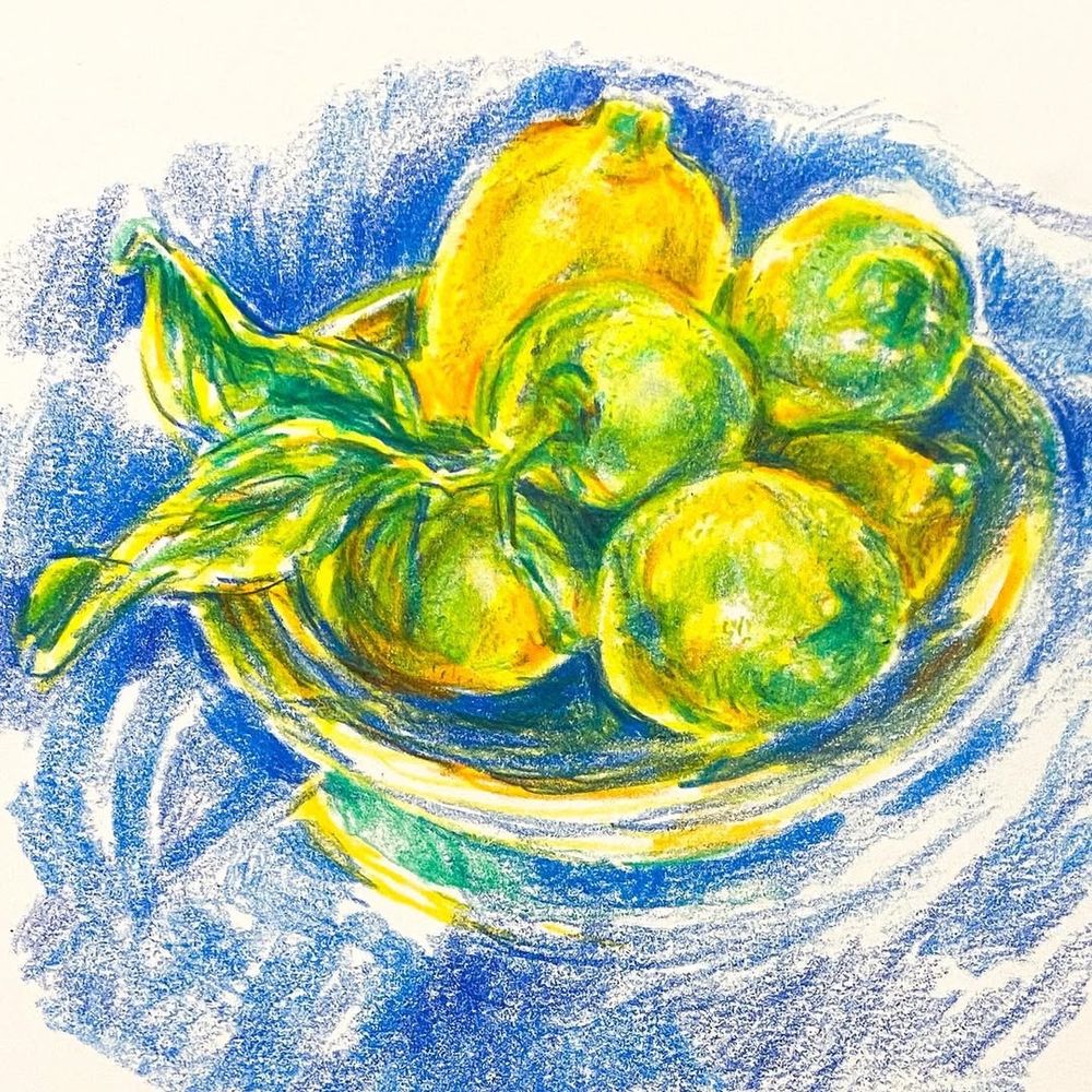Colored pencil drawing of a raised bowl with 6 lemons and their leaves, in yellow, green, teal and blue, by Paula Wirth.