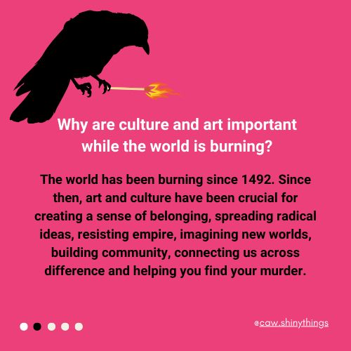 A pink image with the text in the skeet above written across it, with an illustration of a black crow perched over the words with a lit match in its claw