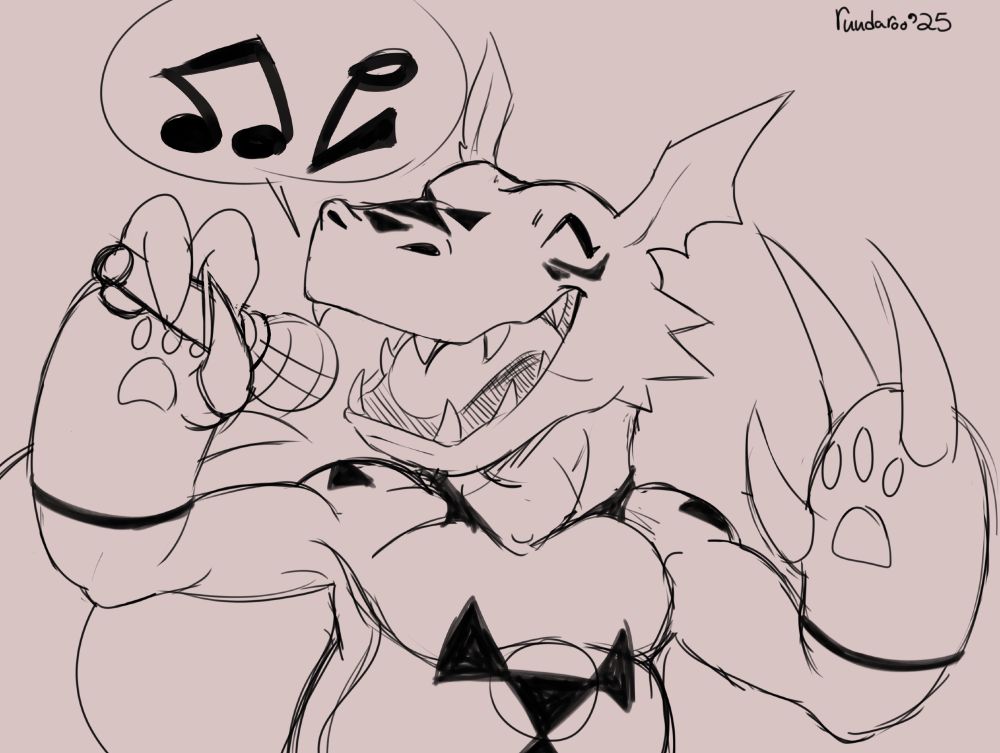 A halfbody sketched illustration of Guilmon from Digimon Tamers. It is holding a microphone in its right arm and singing into it. Its left arm is raised jovially and its eyes are closed.