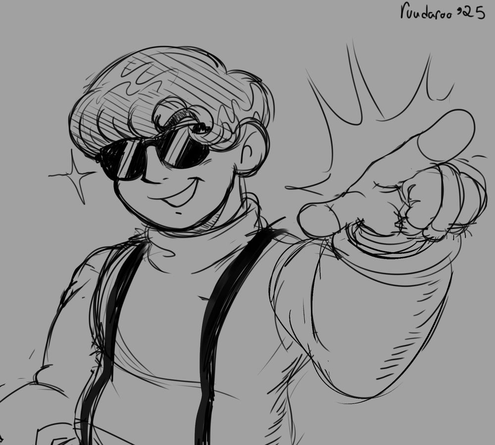 A halfbody sketched illustration of Osamu Tezuka's character Rock Holmes, specifically his design from the 2001 film Metropolis. He is smirking and pointing his right hand in a menacing manner.