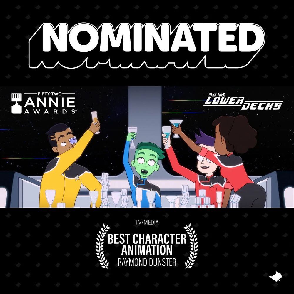 Nominated 
Lower Decks characters Rutherford Tendi Boimler and Mariner cheersing various drinks Annie Awards Best Character Animation 