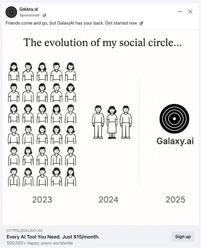 Galaxy AI ad that reads friends come and go but GalaxyAi has your back get started now. The evolution of my social circle. The image depicts lots of people in 2023 then 3 people in 2024 then just the galaxy ai logo. (How pathetic)