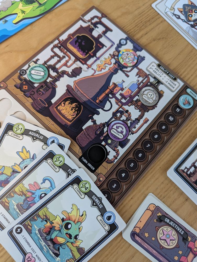 A close up of the Apothebakery board game alchemy station board.