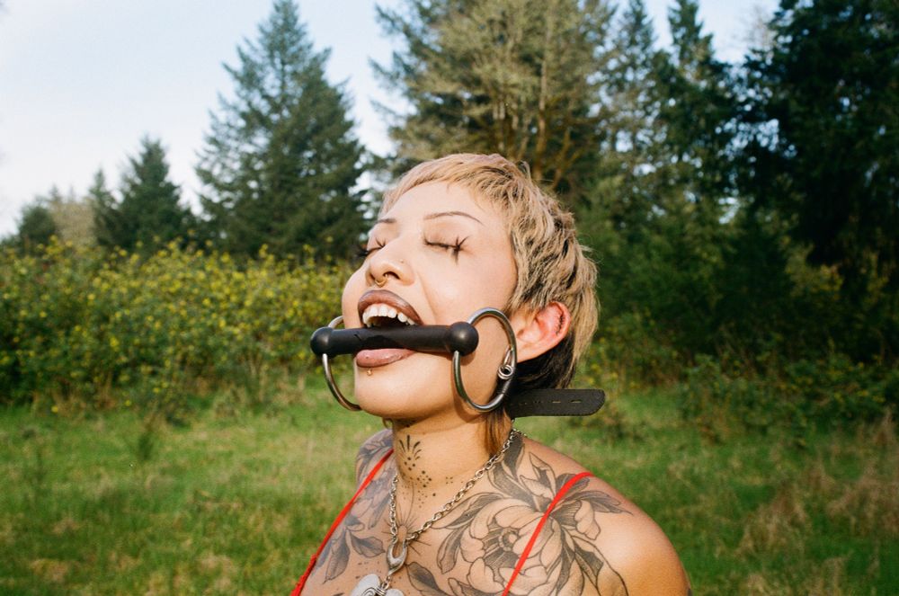 Bebecita stand in a middle of an Oregon Grape field while they are gagged by a black and silver bit gag .