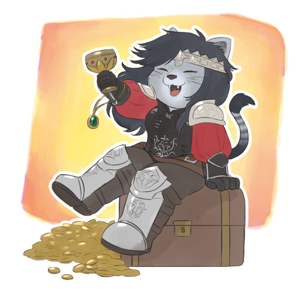 A chibi style commission of a female hrothgar from the video game Final Fantasy XIV. She is sitting atop a treasure chest holding a golden chalice and amulet, smiling.