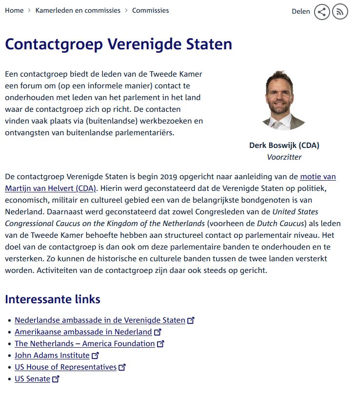 De pagina van de Contactgroep Verenigde Staten  op de website van de Tweede Kamer.
