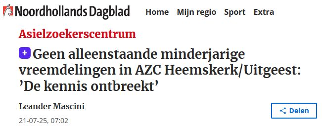 NoordHollands Dagblad: Geen alleenstaande minderjarige vreemdelingen in AZC Heemskerk/Uitgeest: ’De kennis ontbreekt’