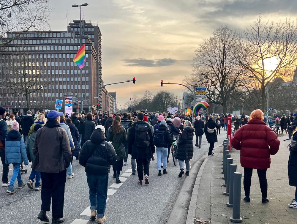 Demoteilnehmende von hinten aufgenommen im Gegenlicht der untergehenden Sonne
