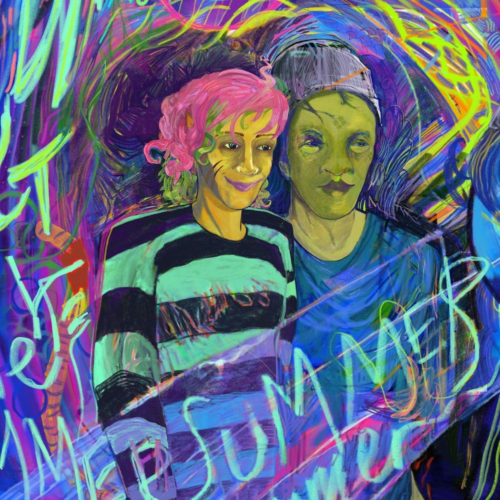 a happy couple together surrounded by a poem about them. in a dream.