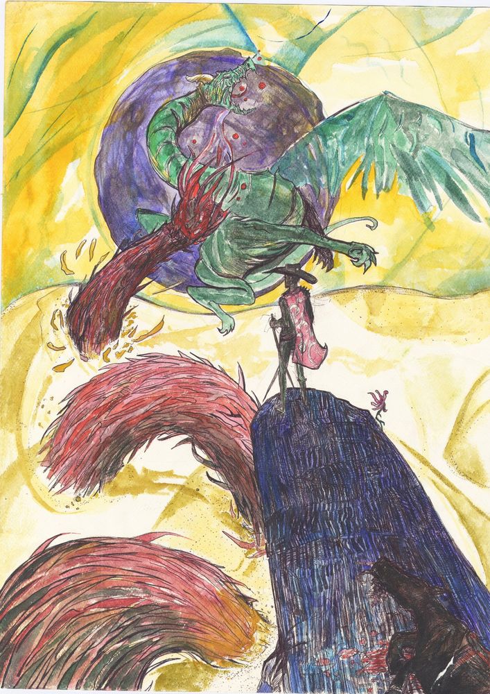 a lone figure stands atop a rock bearing his unsheathed rapier, his red cape with yellow circles billowing in the wind. a single red flower blooms at the top of the rock, and his dead horse lies at the bottom. before him stretches out a desert with a titanic, serpent-like creature with a spiny tentaculous face swimming through it. the red serpent has struck a green dragon from the air by the throat, and they are framed before the purple moon and yellow sky