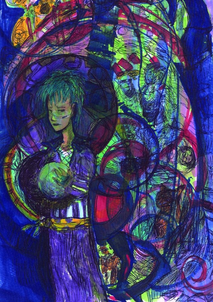 a marker and ink drawing which shows figure in purple with a striped obi bound with a yellow belt. she has an aura of darkness about her. the swirling background is full of caricatures - a beefy blonde man, a stumbling lady, a dour dog-like creature, and more. it makes use of complimentary color to create a psychedelic effect.
