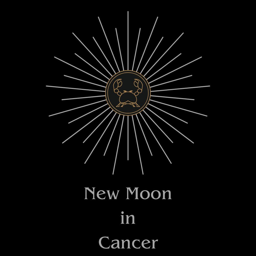 A graphic on a black background, with gold line art of a crab surrounded with silver rays. Below, silver text reads New Moon in Cancer.