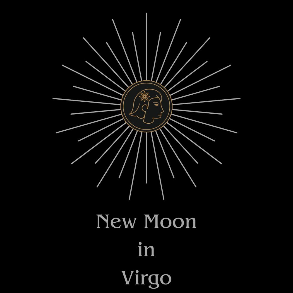 Graphic on a black background. In the center, a small circle in gold with line art of a lion's head in profile. Around this, thin silver rays. Near the bottom, in silver text, it says New Moon in Virgo.
