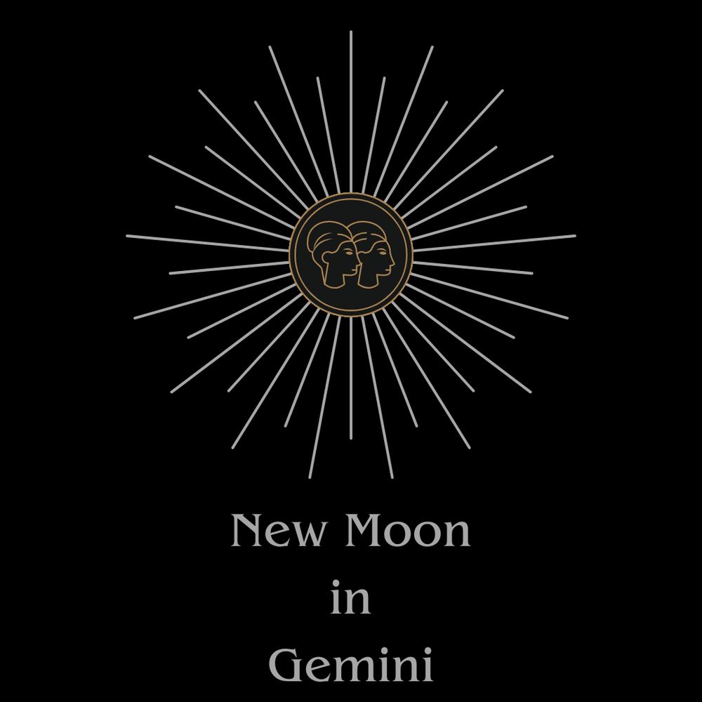 A graphic with a black background. Gold line art of two heads in profile is surrounded by silver rays. Below the rays, it reads New Moon in Gemini.