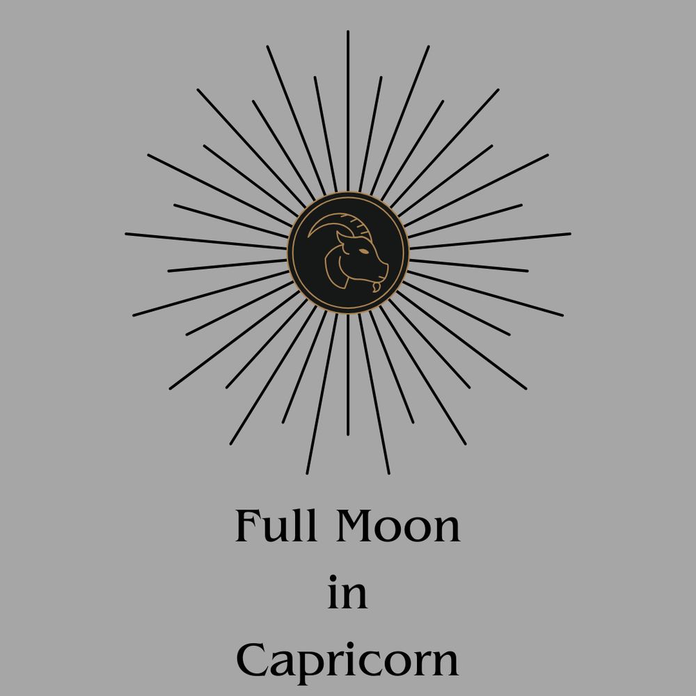 A graphic on a silver background. A small round gold linework of a goat head in profile is surrounded by black rays. Below is text: Full Moon in Capricorn.