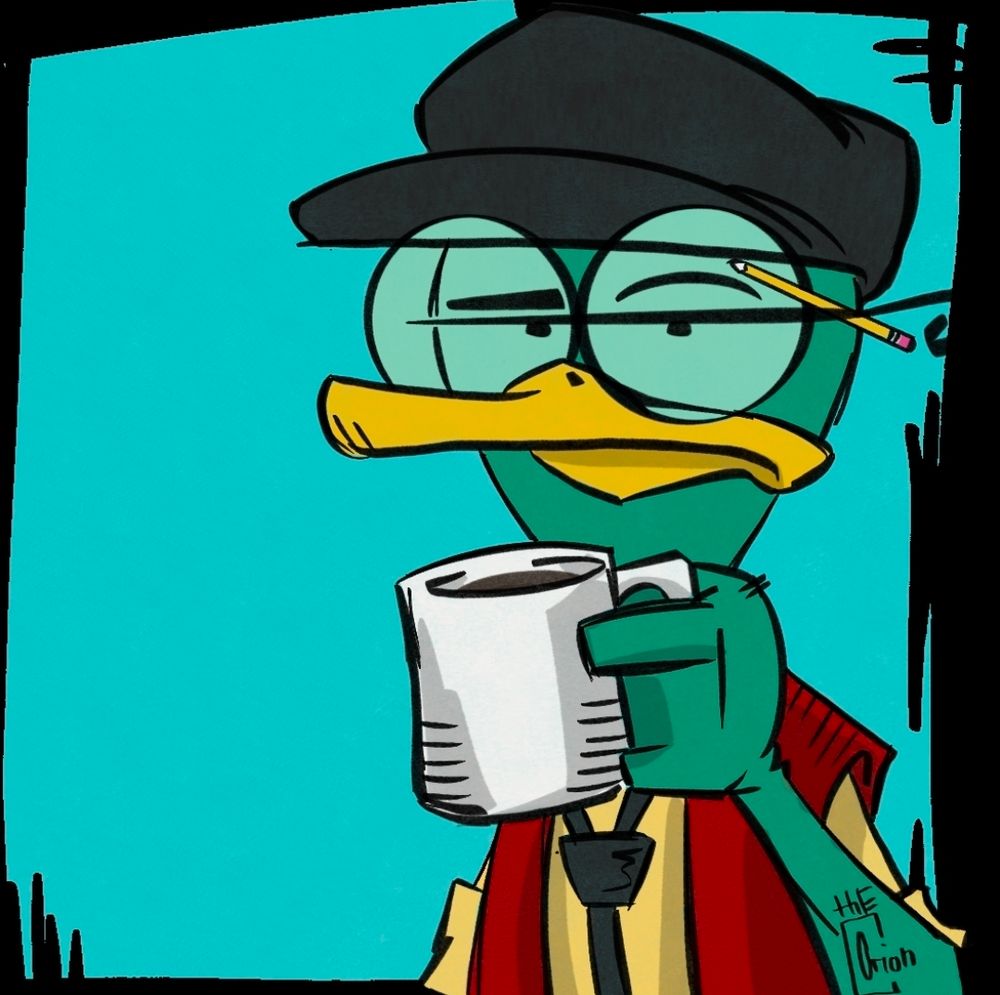 illustration of my green duck mascot holding a cup of coffee.