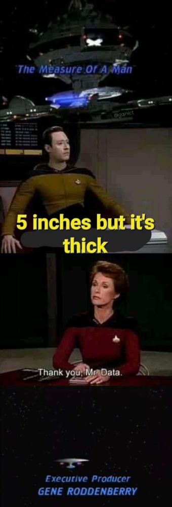 four panel meme of screenshots from the Star Trek The Next Generation episode "Measure of a Man." The top panel shows the Enterprise D parked at a starbase. The next is of Commander Data sitting in the courtroom. He says "5 inches but it's thick." The next panel is of the Starfleet judge. she says "Thank you, Mr. Data." The final panel is the end credits. The Enterpeise D has left the starbase. The credits say "Executive Producer Gene Roddenberry."