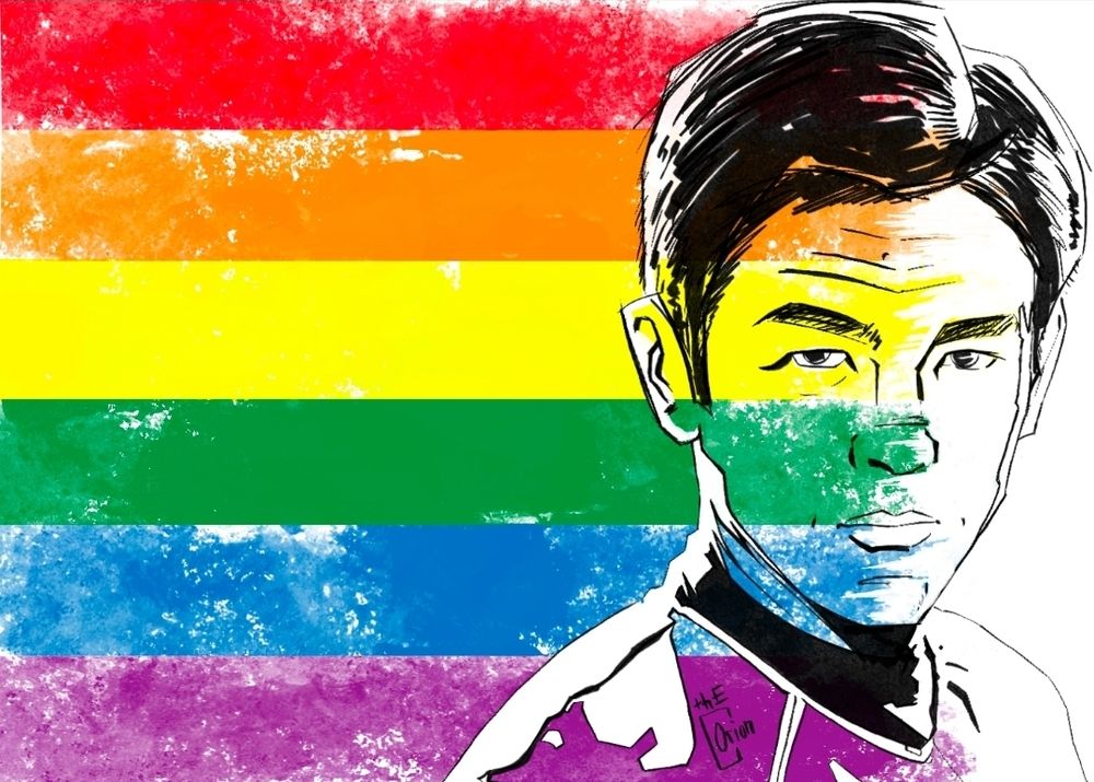 star trek fan art illustration of Sulu, played by John Cho in the Kelvin-verse movie series. He's bathed in the colors of the rainbow pride flag.