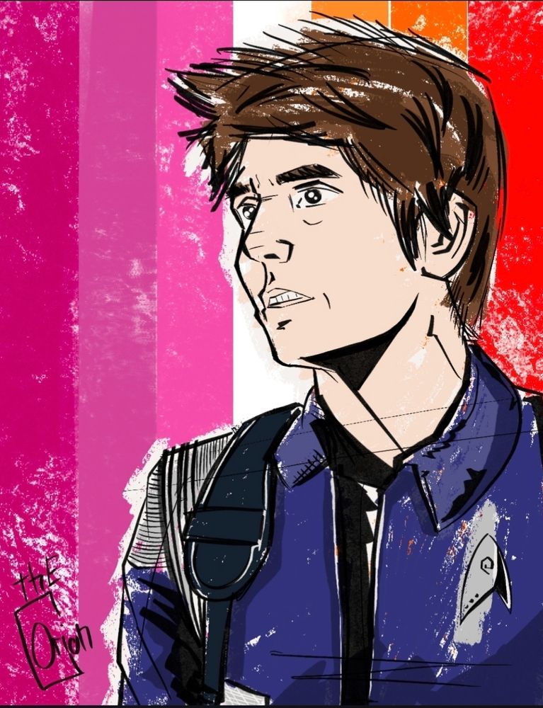 star trek discovery fan art illustration of Jett Reno. she's wearing the original blue Discovery era uniform. she's in front of the lesbian pride flag colors, representing the "L" in LGBTQIA.