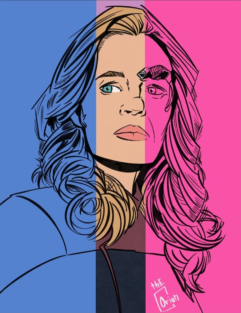 Star Trek Picard fan art illustration featuring Seven of Nine. She's awash in the colors of the bisexual pride flag.