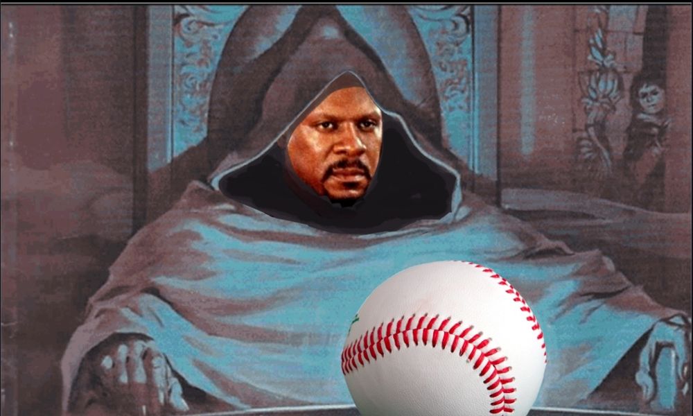 photoshopped image of a wizard pondering a crystal ball. the wizard's face has been replaced with Captain Benjamin Sisko from Star Trek Deep Space Nine. the orb has been replaced by a baseball.