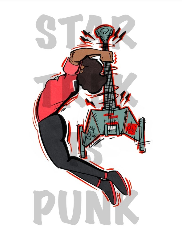 star trek lower decks inspired fan art illustration of Mariner. she's leaping through the air brandishing a guitar like a weapon. the guitar is in the shape of a Klingon Battlecruiser. the watermark says "Star Trek Is Punk."
