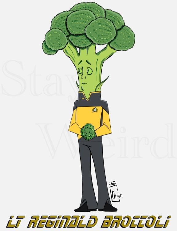 star trek lower decks inspired fan art of Lt. Reginald Barclay. he's been drawn to represent his nickname "broccoli." his head is a flower of broccoli, as are his hands. his name, "Lt. Reginald Broccoli" appears below in Star Trek The Next Generation font.