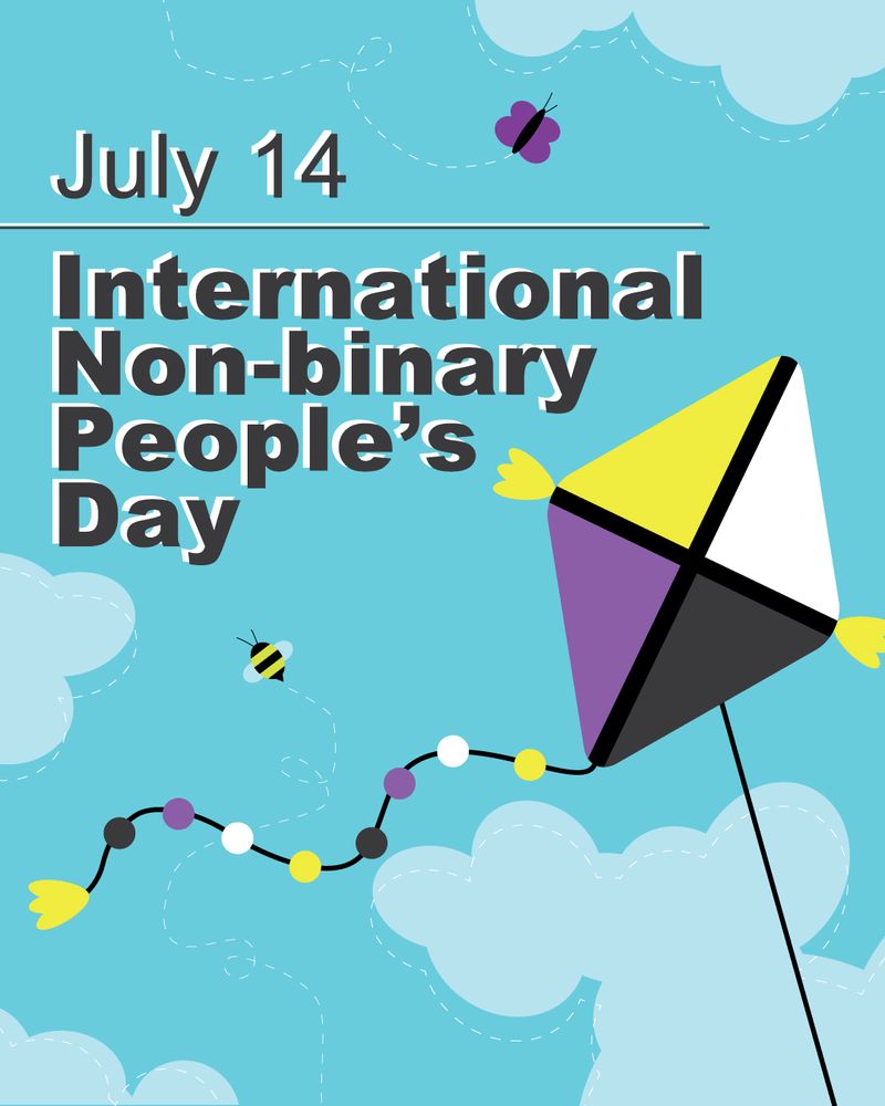 Graphic image of a kite with tail flying in front of a blue sky with clouds, a bee and a butterfly. The flag is divided into  yellow, white, purple and grey quarters representing the nonbinary flag. Text reads July 14, International Non-binary People's Day.