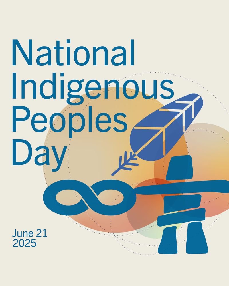 Image consists of the words National Indigenous Peoples Day June 21 2025. there is an image with icons of a feather, the  Métis infinity symbol and an inukshuk in front of interlocking, red and orange circles. 
