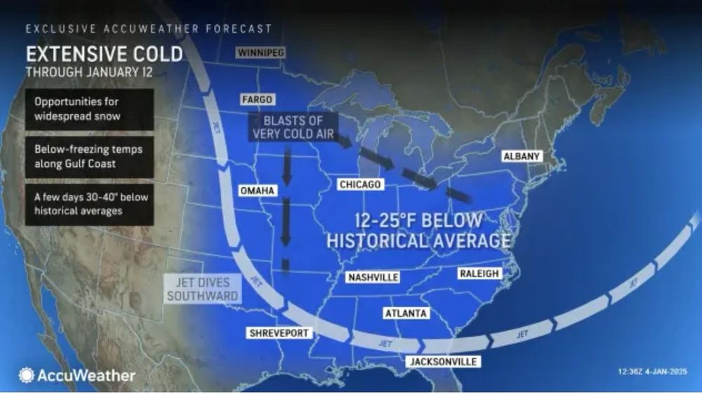 AccuWeather graph showing extensive cold temps across USA through 1/12/25. 