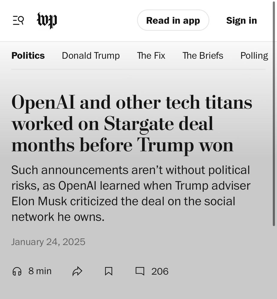 Washington Post article headline: 'OpenAI and other tech titans worked on Stargate deal months before Trump won' with subheadline about political risks and Musk's criticism. Dated January 24, 2025.