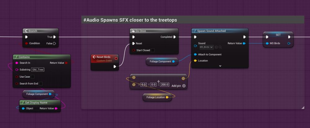Unreal Engine 5 blueprint nodes of the audio implementation.