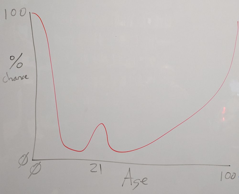 The graph starts at birth, when the chance of shitting your pants is 100% and then steeply declines as the person ages, until around 21 when experimenting with drinking or other drugs causes a brief surge in the chance of shitting one's pants, then it normalizes and steadily raises until death, when everyone again has a 100% chance of shitting their pants.