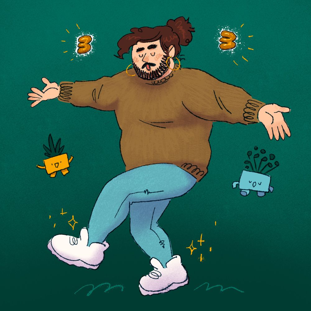 A self portrait of the op. Brown sweater, blue jeans, white sneakers. Doing a lil jig, or a pose, or something. Gold bubble letters spell "33". Two little plant friends stand to either side of them.