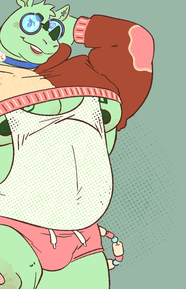 a crop of a colored commission, featuring a thickly-built, mint green rhinoceros wearing cute pastel clothes