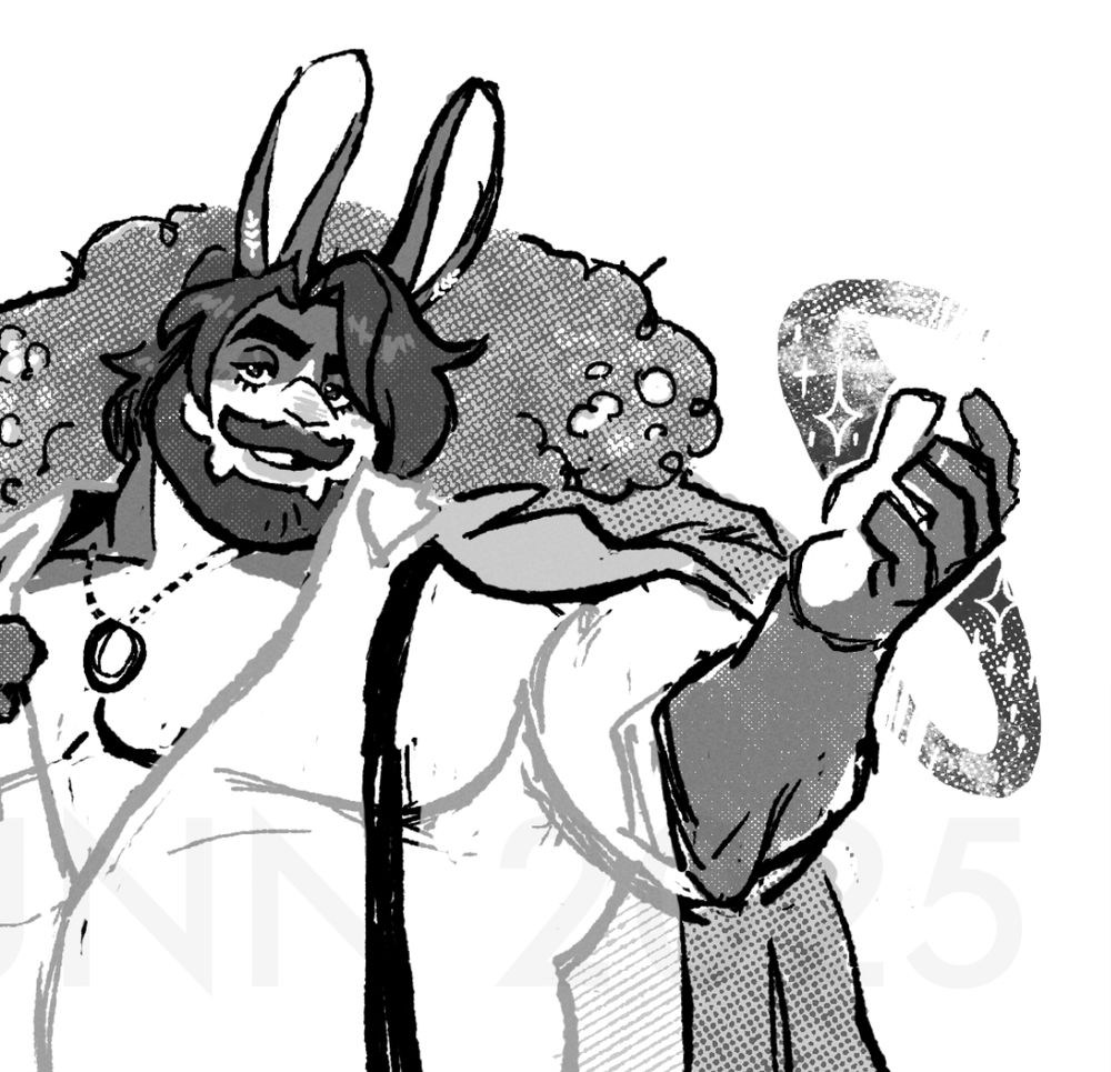 a crop of a b/w commission, featuring a rabbit mage with magical mist around their hand
