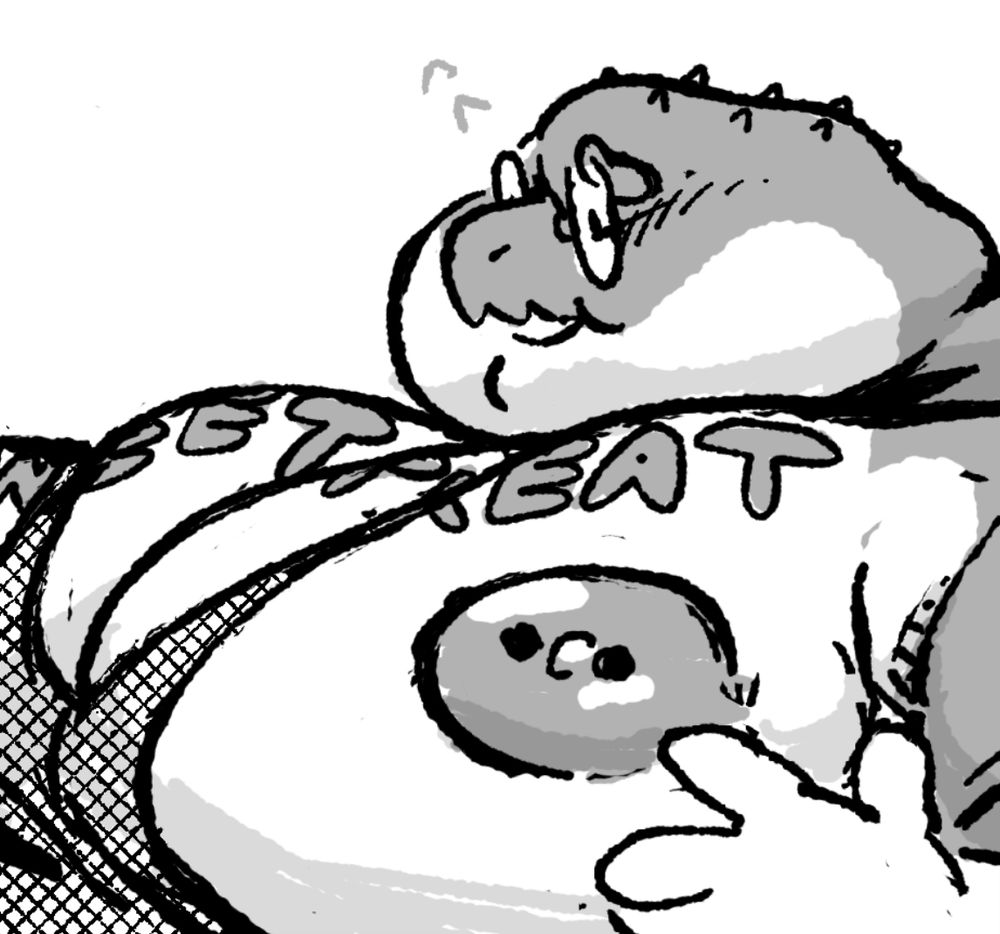 a crop of a b/w commission, featuring a big fat lizard with even bigger tits