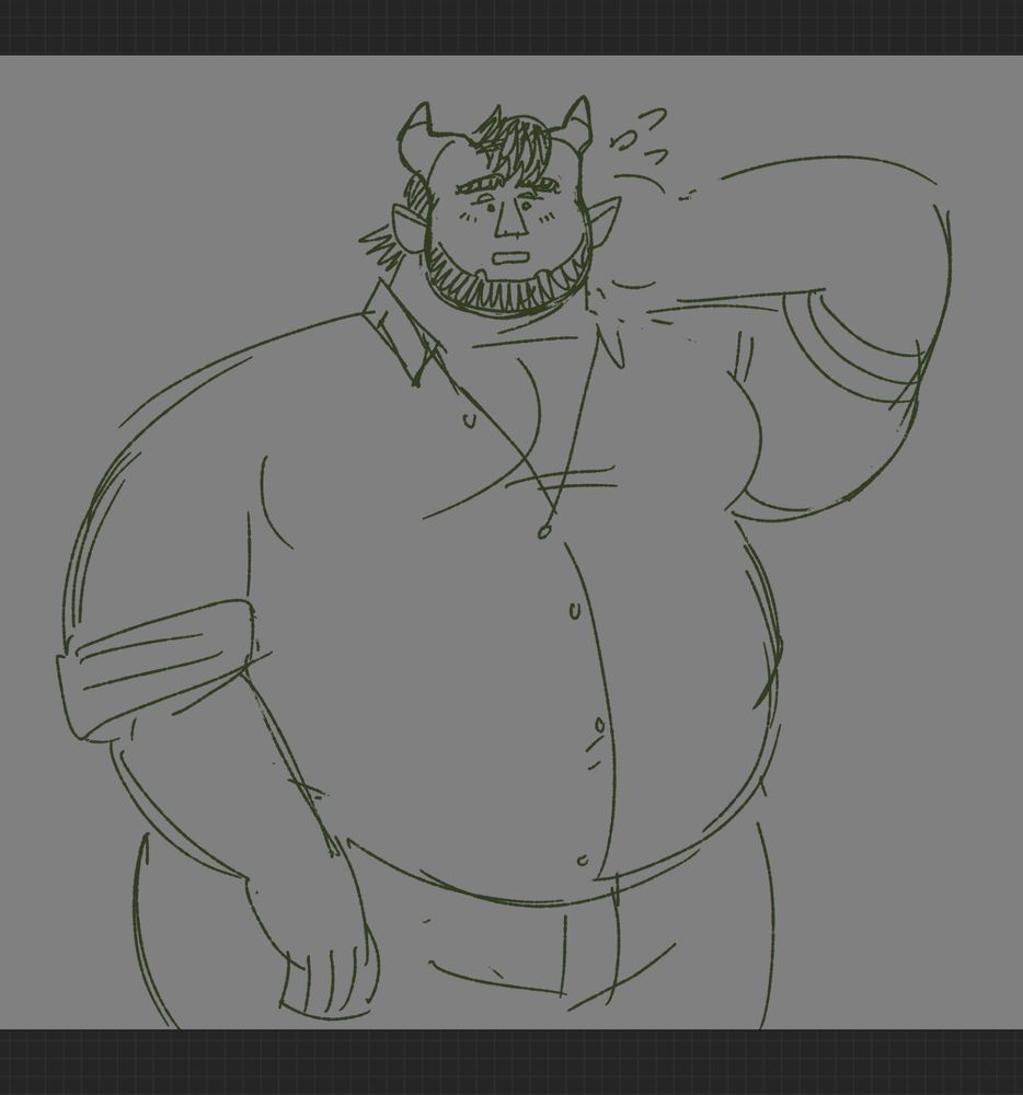 a sketch of OPs veilguard Rook, wearing tight pants and a tauntingly open button up shirt. he's notably chubbier than the character creator will allow you to be, and looks a little flustered..