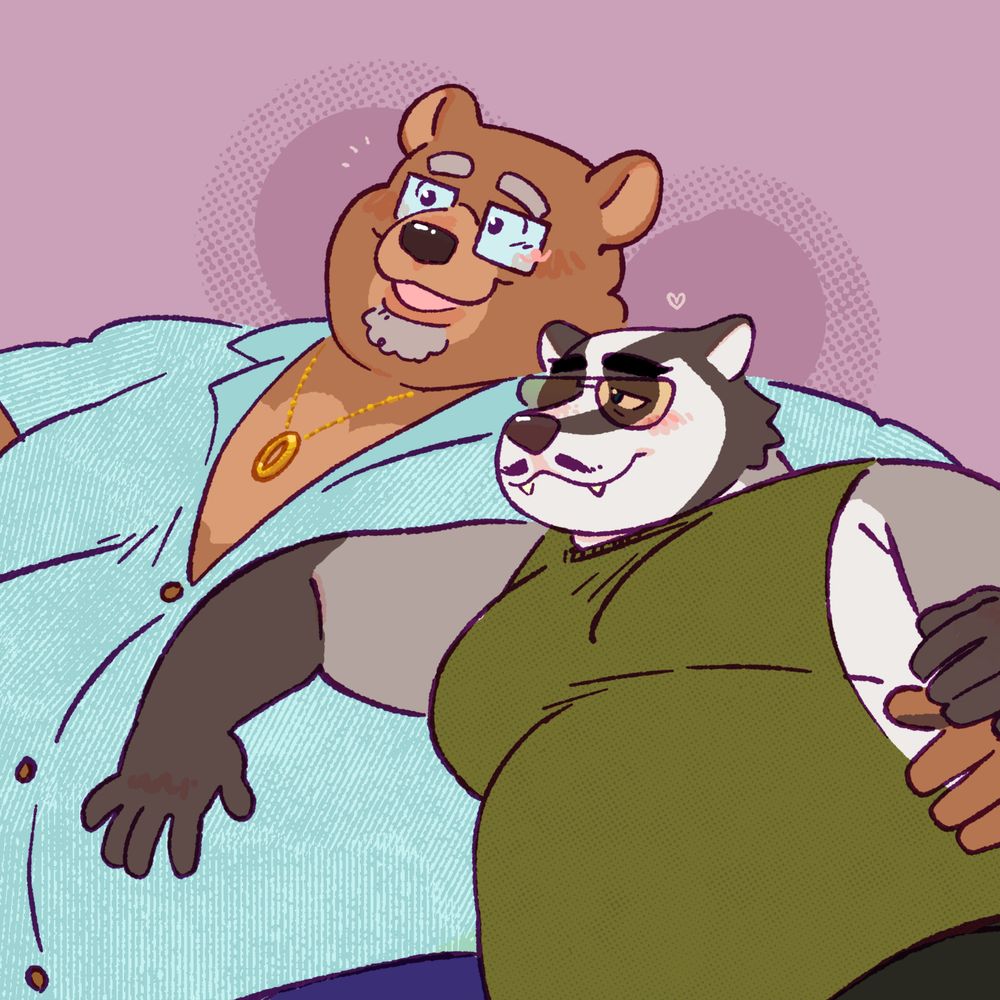 a crop of a color commission, featuring a bear and a badger snuggling together