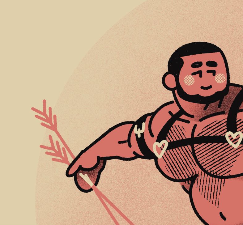 a sneak peek of an emmbunn project. a hairy, thick man in a harness holds the shafts of a set of arrows in an open palm.
