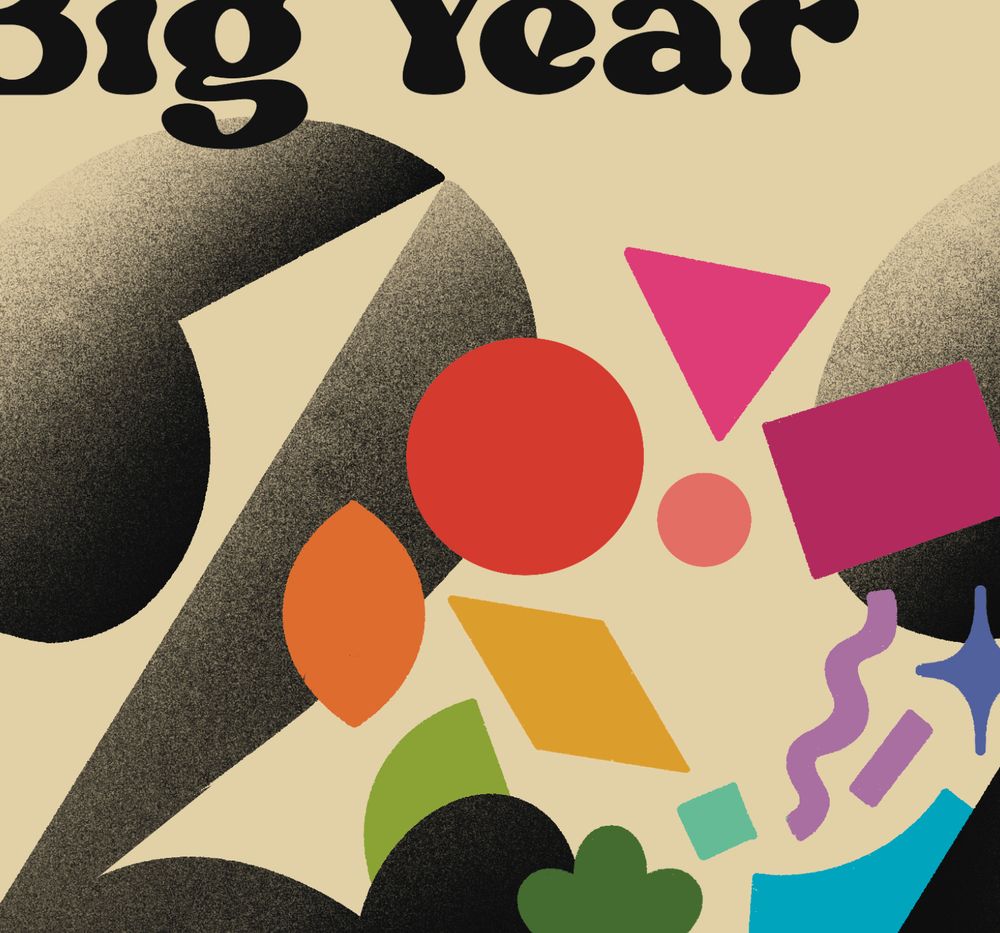 a preview of new emmbunn merch. large, black, textured shapes interact with an arrangement of bright colorful blocks. cropped text in the corner reads "Big Year"