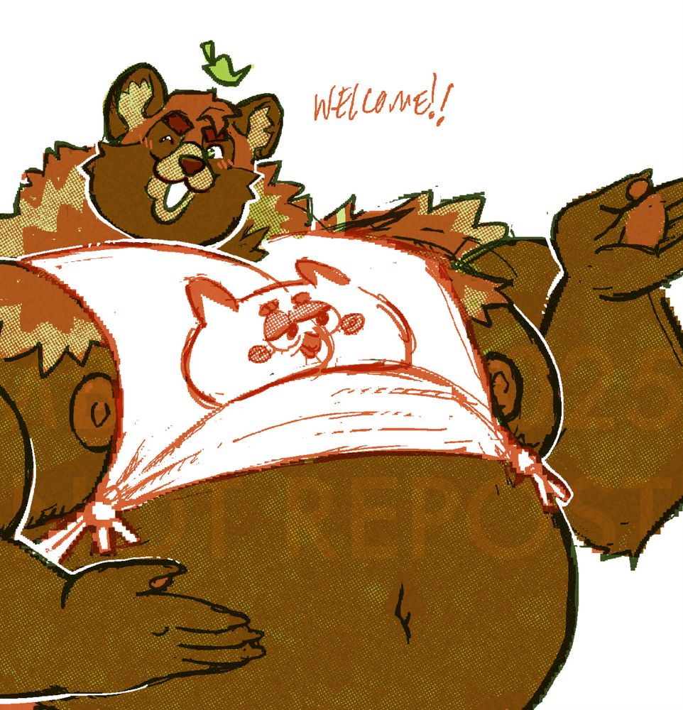crop of an illustration by emmbunn. a very buff tanuki welcomes you into an establishment, like a host at a restaurant. Their "shirt" is basically a tunic that is tied on and holding on for dear life.