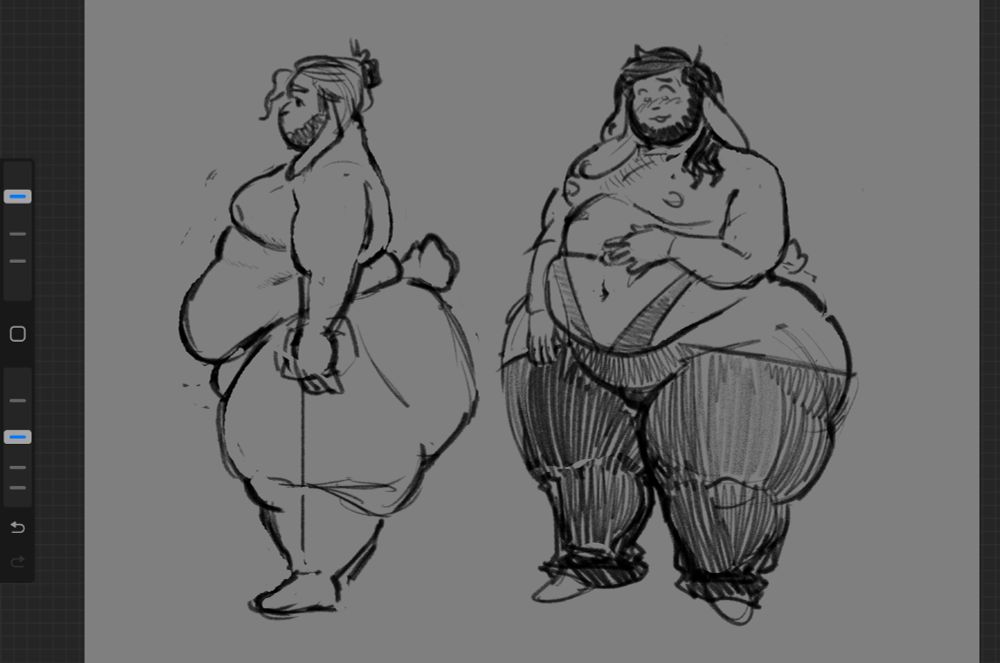 a rough digital sketch of a bottom-heavy emmbunn wearing the strange thong pants. left: a simple profile, no clothes. right: a 3/4s forward image of bunn in the pants, looking flustered by the article of clothing.