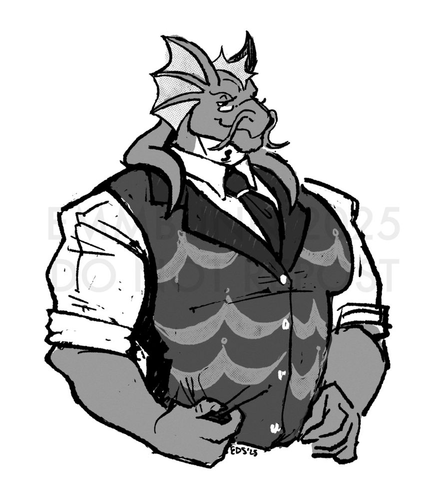 a waist up black and white sketch of a humanoid-shaped sea serpent dragon dad . very prim and proper - white dress shirt, fully buttoned and sleeves rolled up past the elbow. waist coat with a scallop pattern and a lapel. nice silk tie. the dragon has long serpentine whiskers, like a catfish, as well as two long dreads that mimic a shoulder length hair spilling over his shoulders. a central webbed crest dons his head, and his “ears” are large and webbed as well. his hands rest at the bottom hem of his vest, as if straightening up his overall look. he’s giving a very knowing, almost sassy glance at the viewer over his half-moon spectacles.
