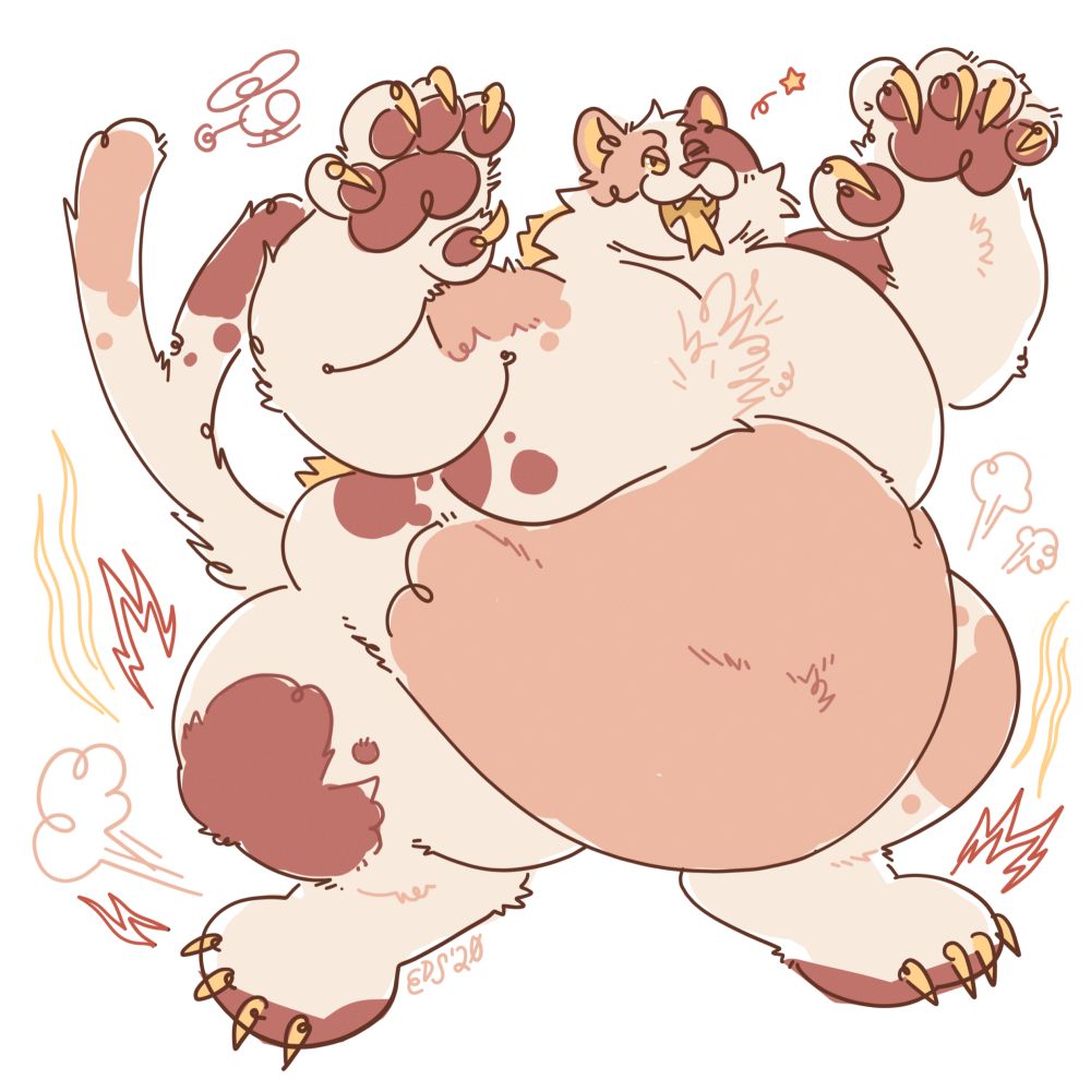 a full color experimental illustration of a demon cat kaiju. soft and creamy in color, with spots of brown in multiple hues. split tail, forked tongue, and large spiny spikes down the back. the cat stands on their hind legs, paws up, claws out, and with a devilish wink on their face. plumes of smoke and errant flames erupt from below them, and a roughly doodled helicopter above implies the scale of this beasty. they seem to be mid-destructive rampage, and loving it.