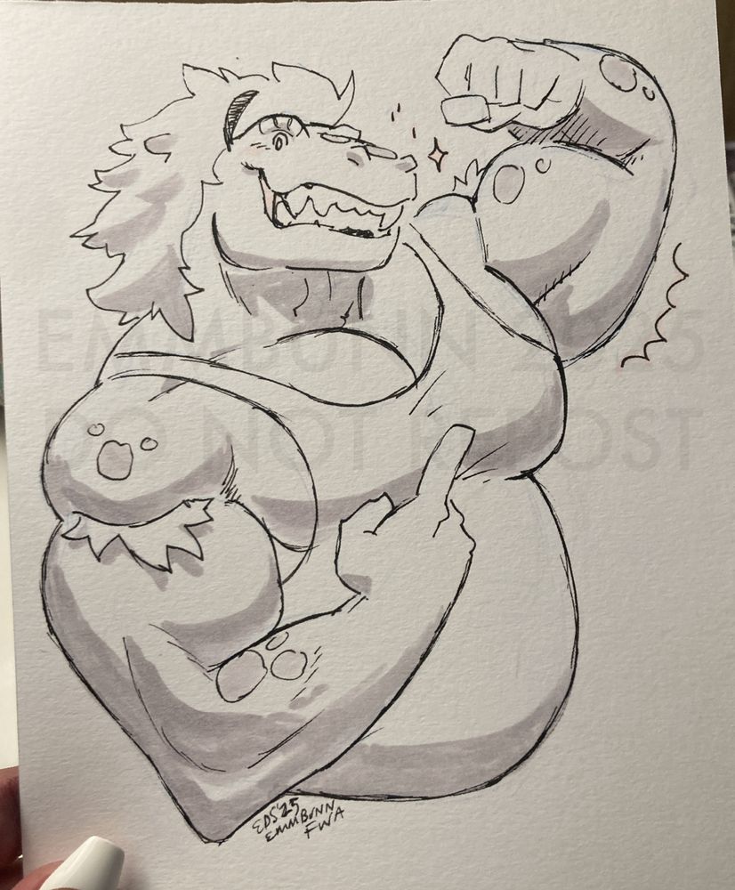 a black and white traditional sketch, waist up, of a dinosaur type guy flexing an arm for the viewer. his free arm points up to his flexed bicep. big toothy grin, shaggy spots of hair, and a hair band keeps his wild mane out of his face. tank top. big pecs, big arms, big grin, big vibes.